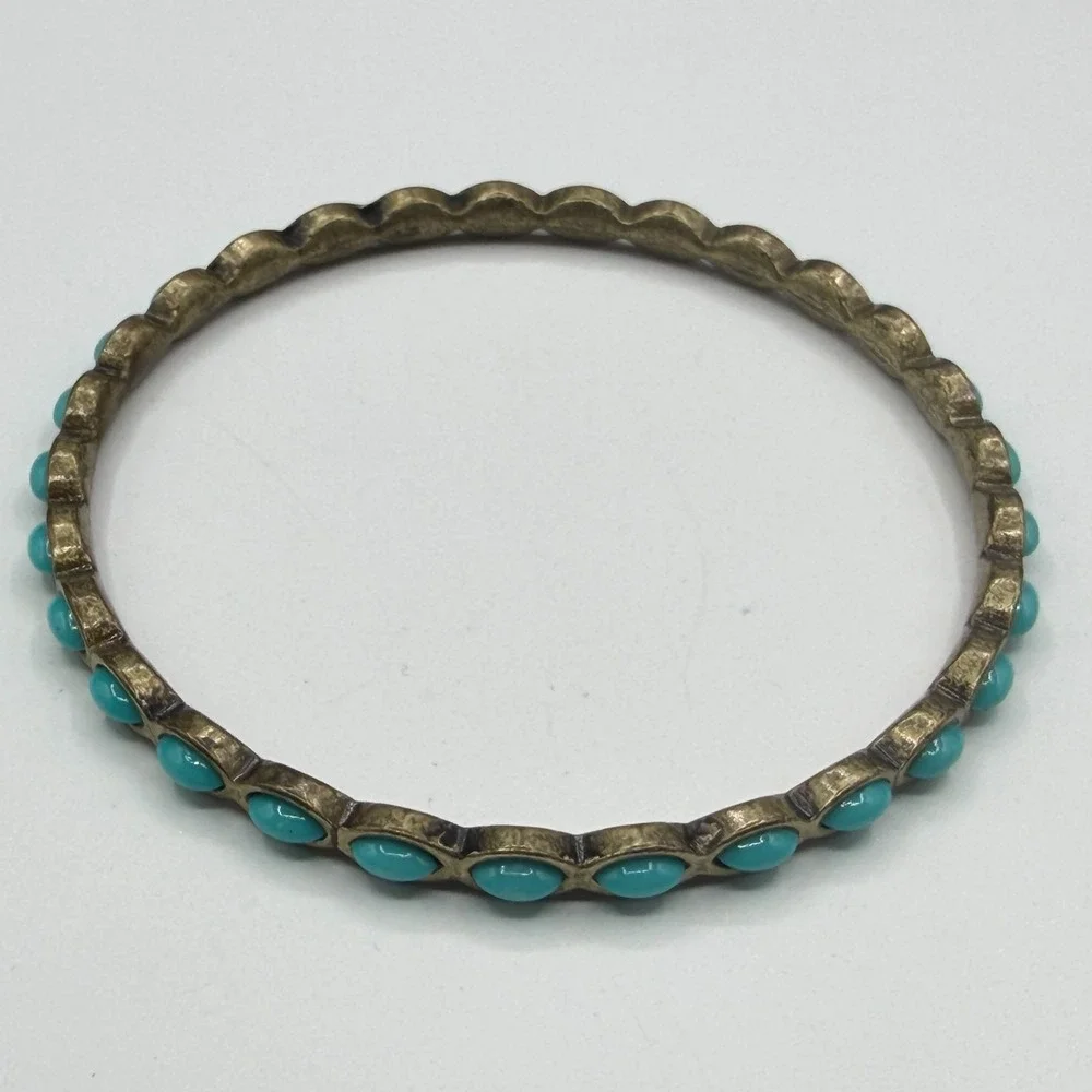 Vintage Style Turquoise & Brass Tone Cabochon Bangle Bracelet Boho Southwestern